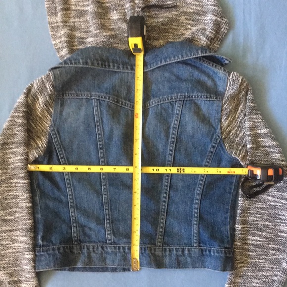 Jessica Simpson Two-Tone Denim Jacket with Sweater Sleeves XS Removable Hood - Picture 6 of 8